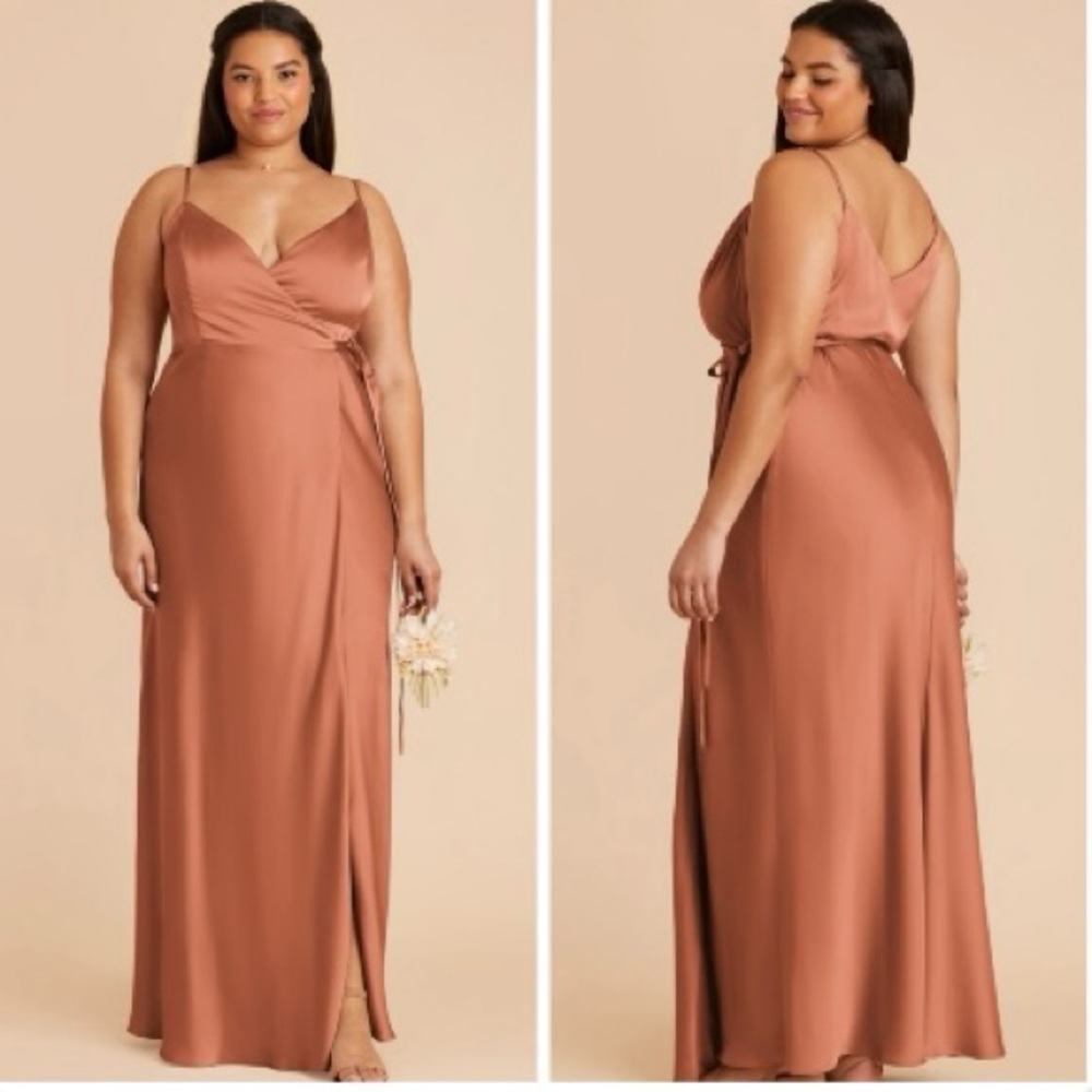 Birdy Grey Rust Satin Cindy Bridesmaid Wrap Spaghetti Strap Dress Medium NWT